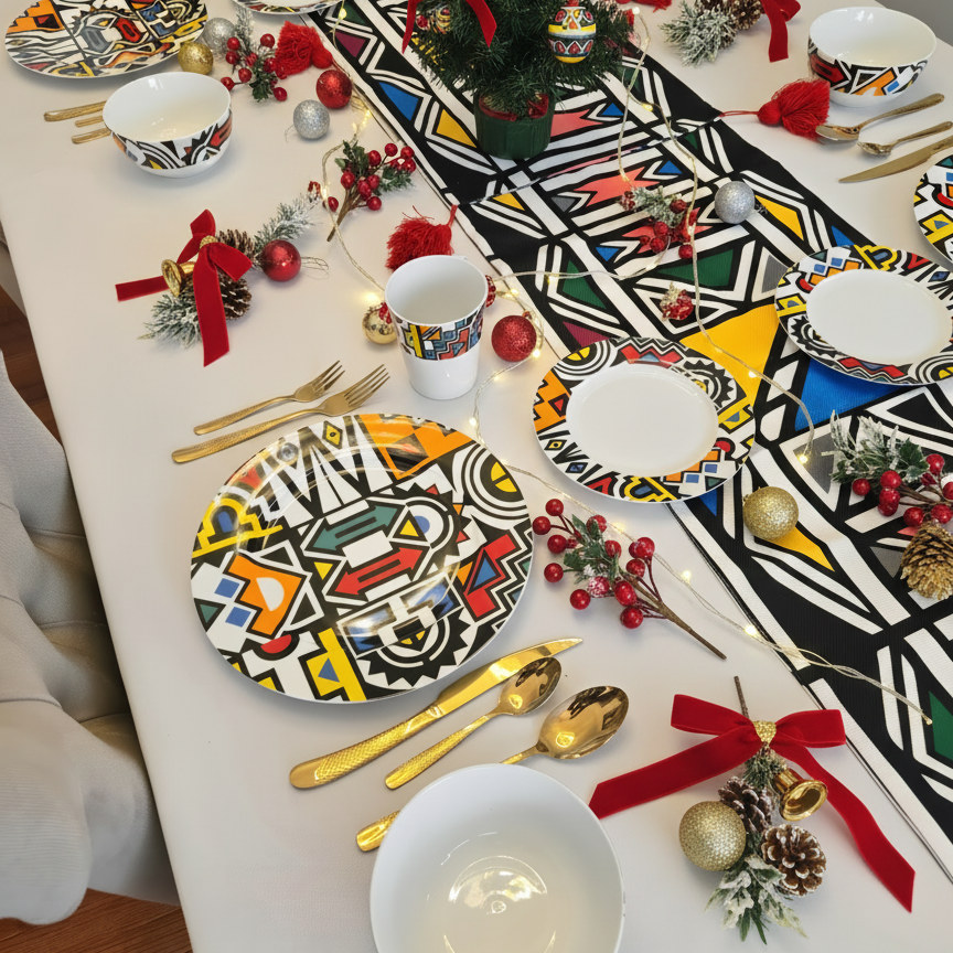 Decorative Christmas table setting with geometric plates, gold cutlery, and festive decorations.